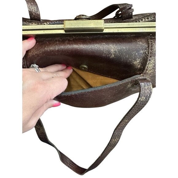 Patricia Nash Distressed Brown Leather Satchel Gold Metallic Frame Shoulder Bag - Picture 4 of 9